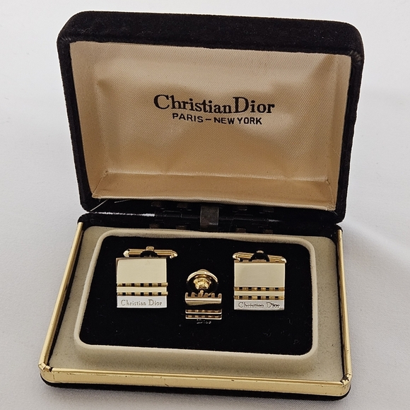 Dior Cuff Links And Matchine Tie Pin Set In Gold And Silver With Box - Picture 1 of 8